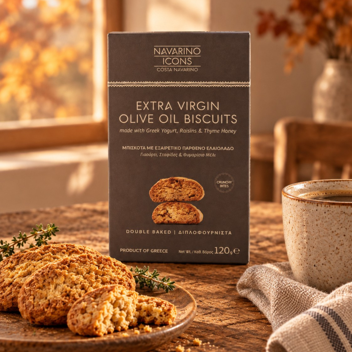 Biscuits Navarino Icons à l'huile d'olive extra vierge, yaourt grec, raisins secs et miel de thym
